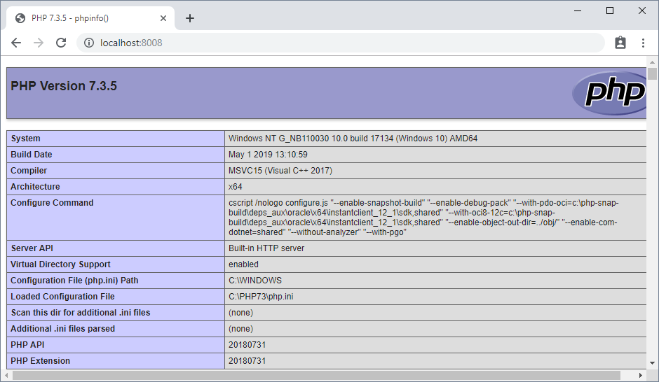 phpinfo on test server