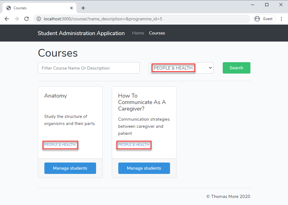 Dashboard courses filter programme