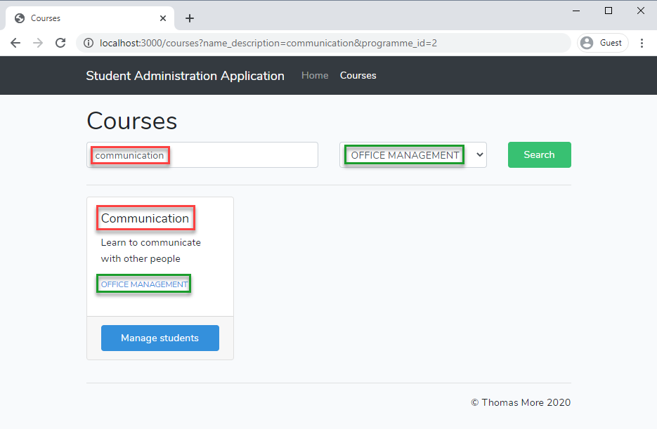 Dashboard courses filter web programme