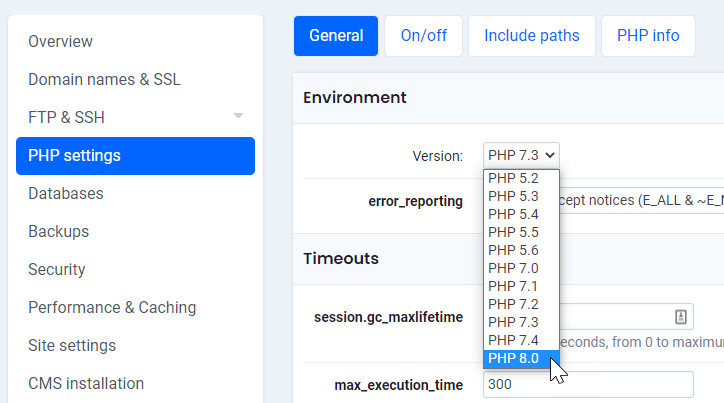 PHP settings