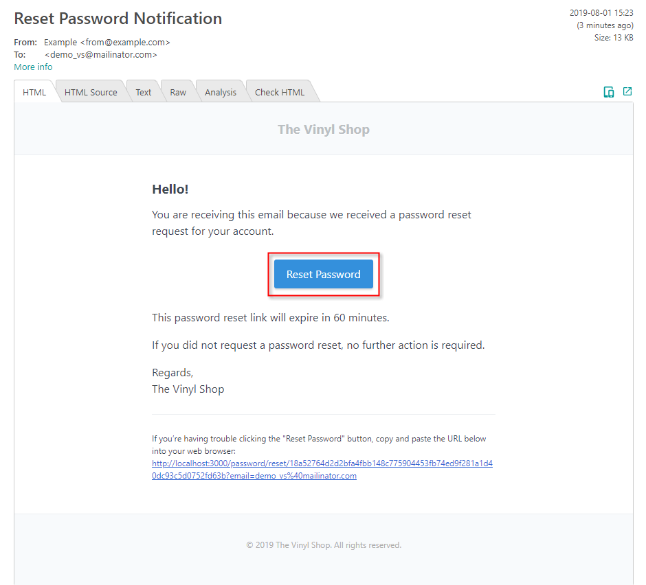 Mail reset password